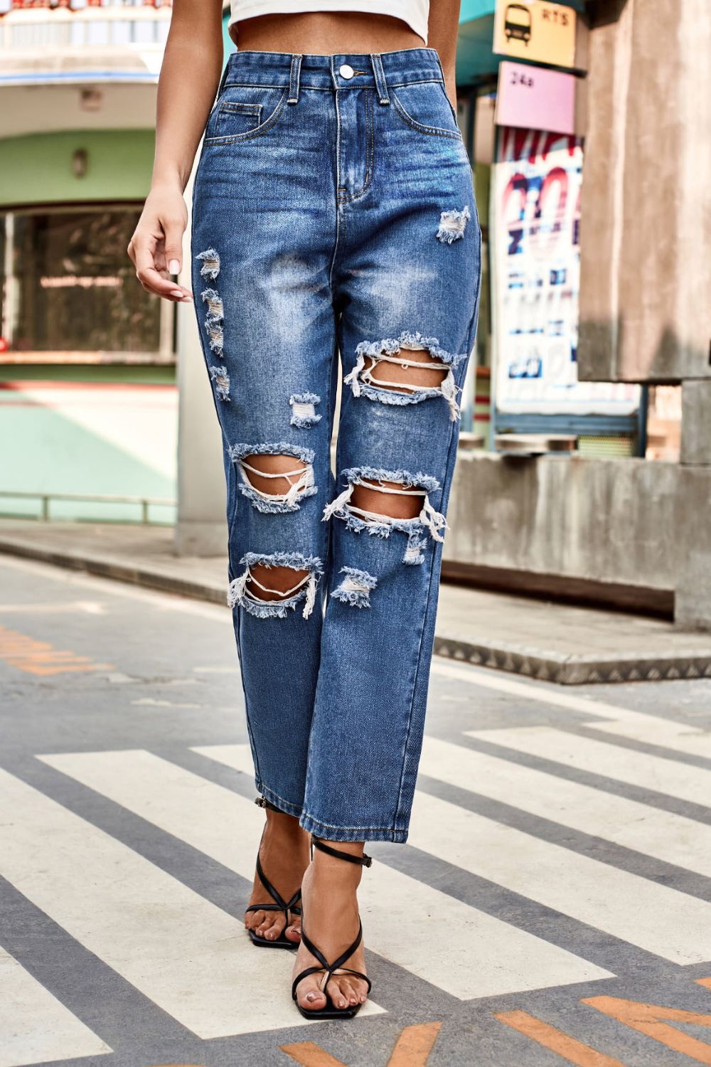 Distressed Buttoned Jeans with Pockets BLUE ZONE PLANET