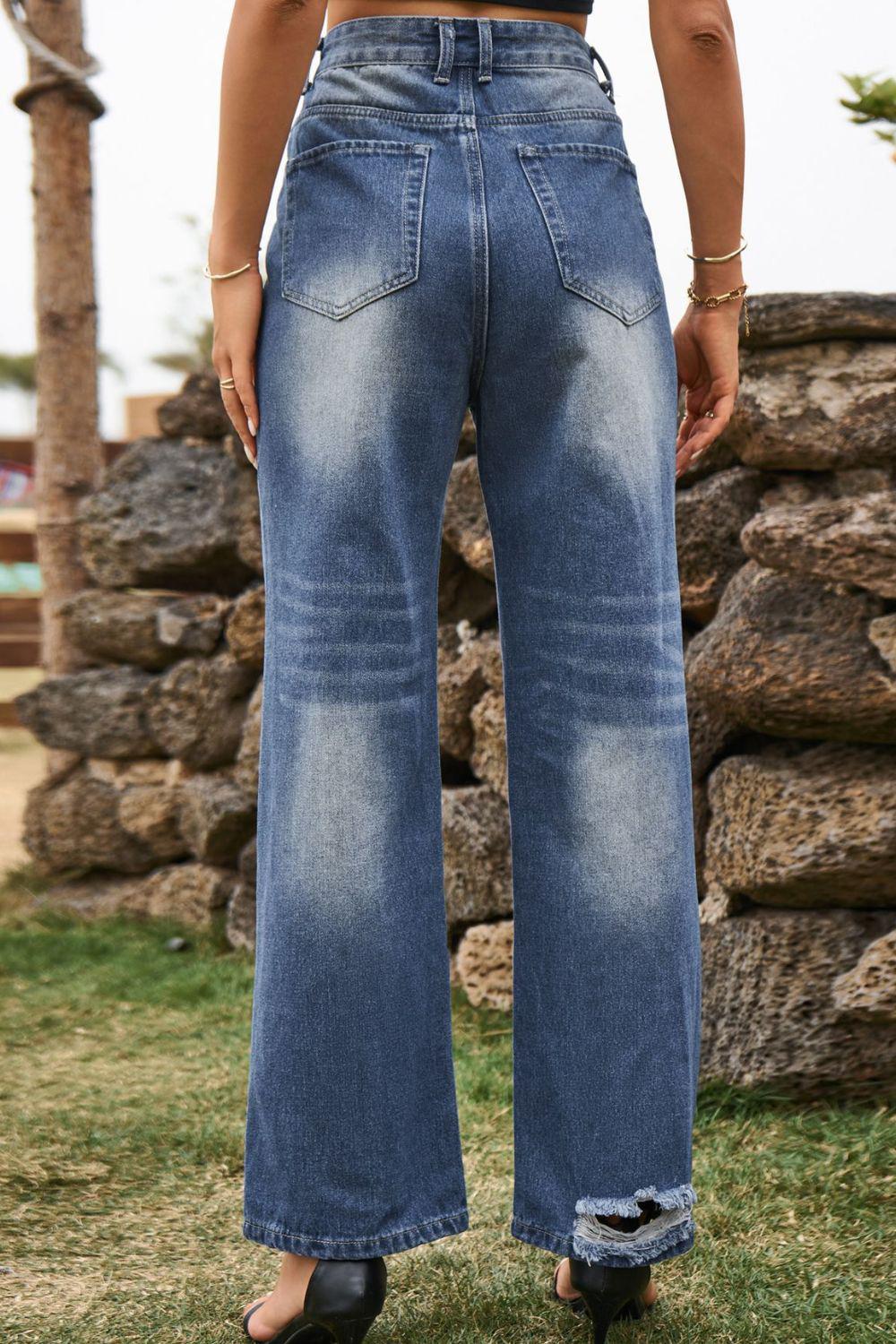 Distressed Buttoned Loose Fit Jeans BLUE ZONE PLANET