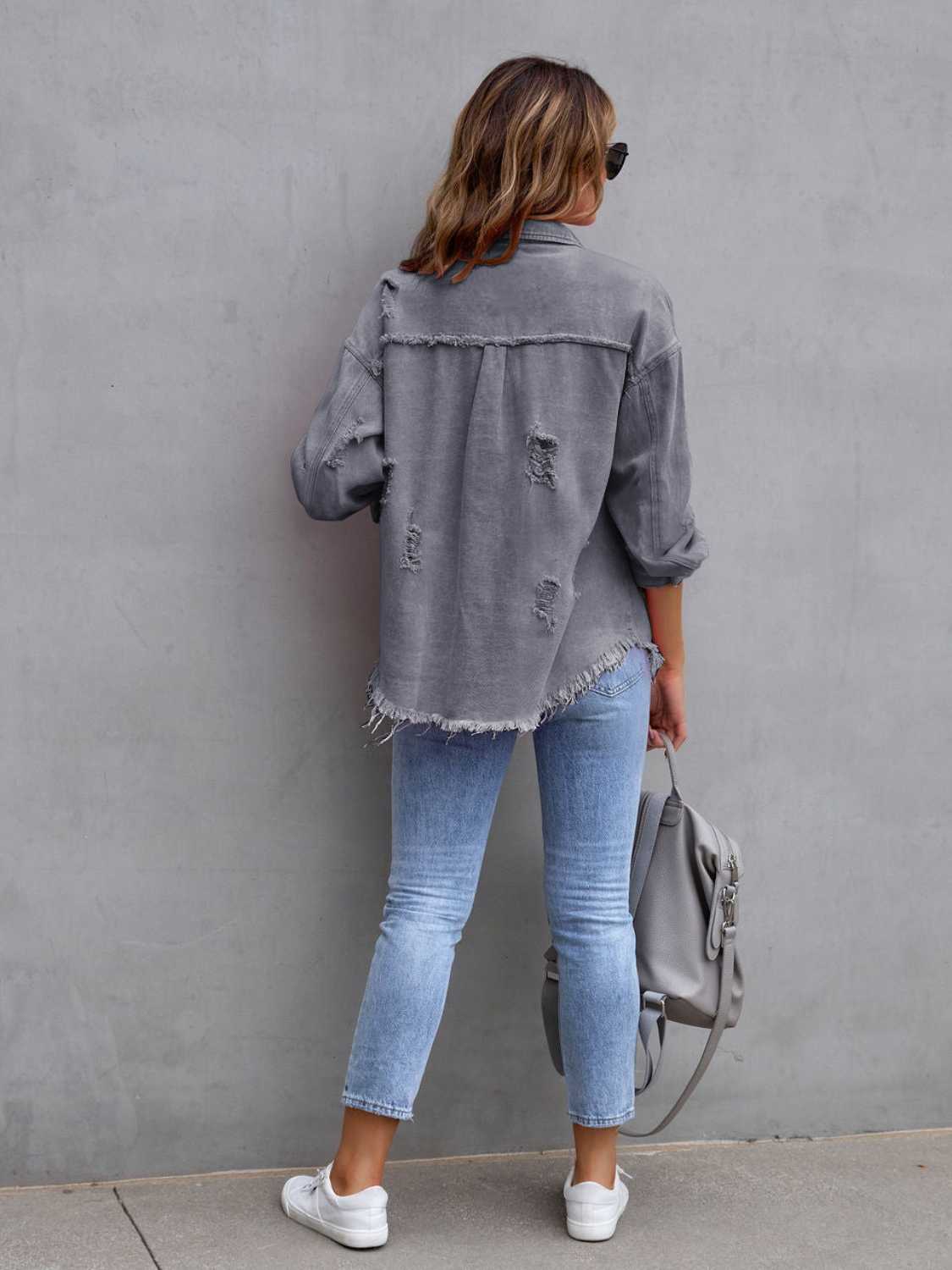 Distressed Drop Shoulder Denim Jacket BLUE ZONE PLANET