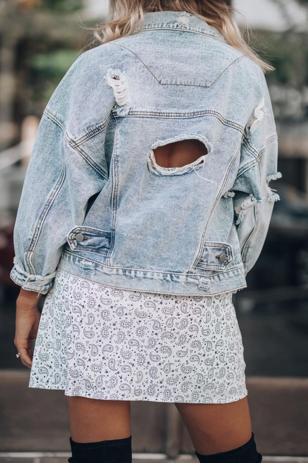 Distressed Drop Shoulder Denim Jacket BLUE ZONE PLANET