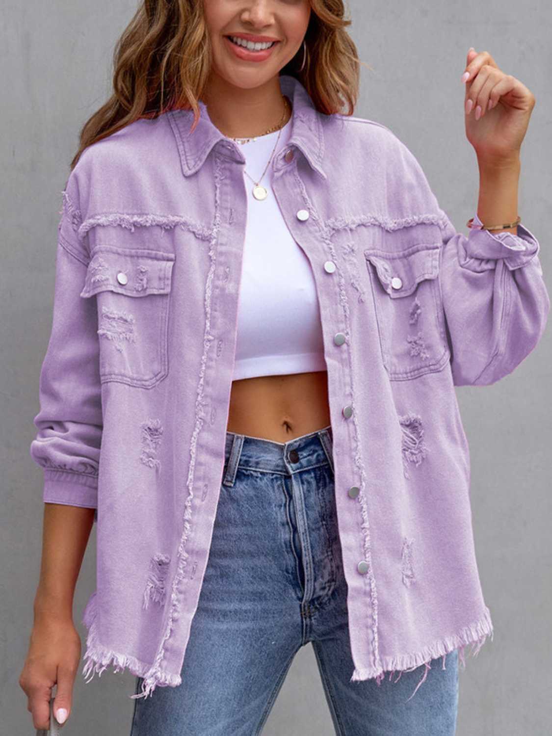 Distressed Drop Shoulder Denim Jacket BLUE ZONE PLANET