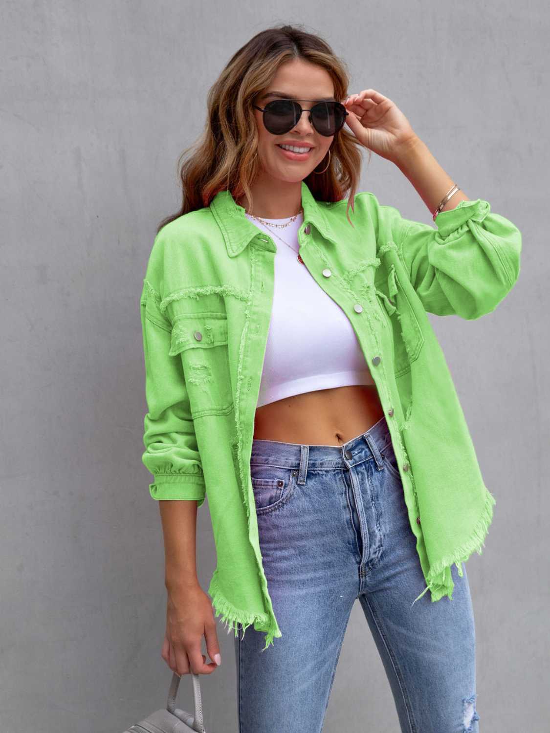 Neon green cropped denim jacket best sale