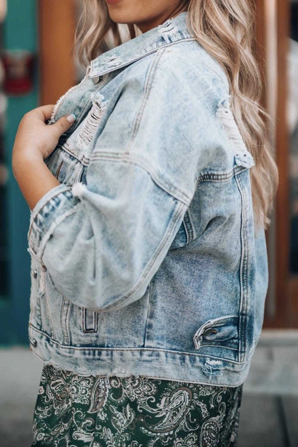 Distressed Drop Shoulder Denim Jacket BLUE ZONE PLANET