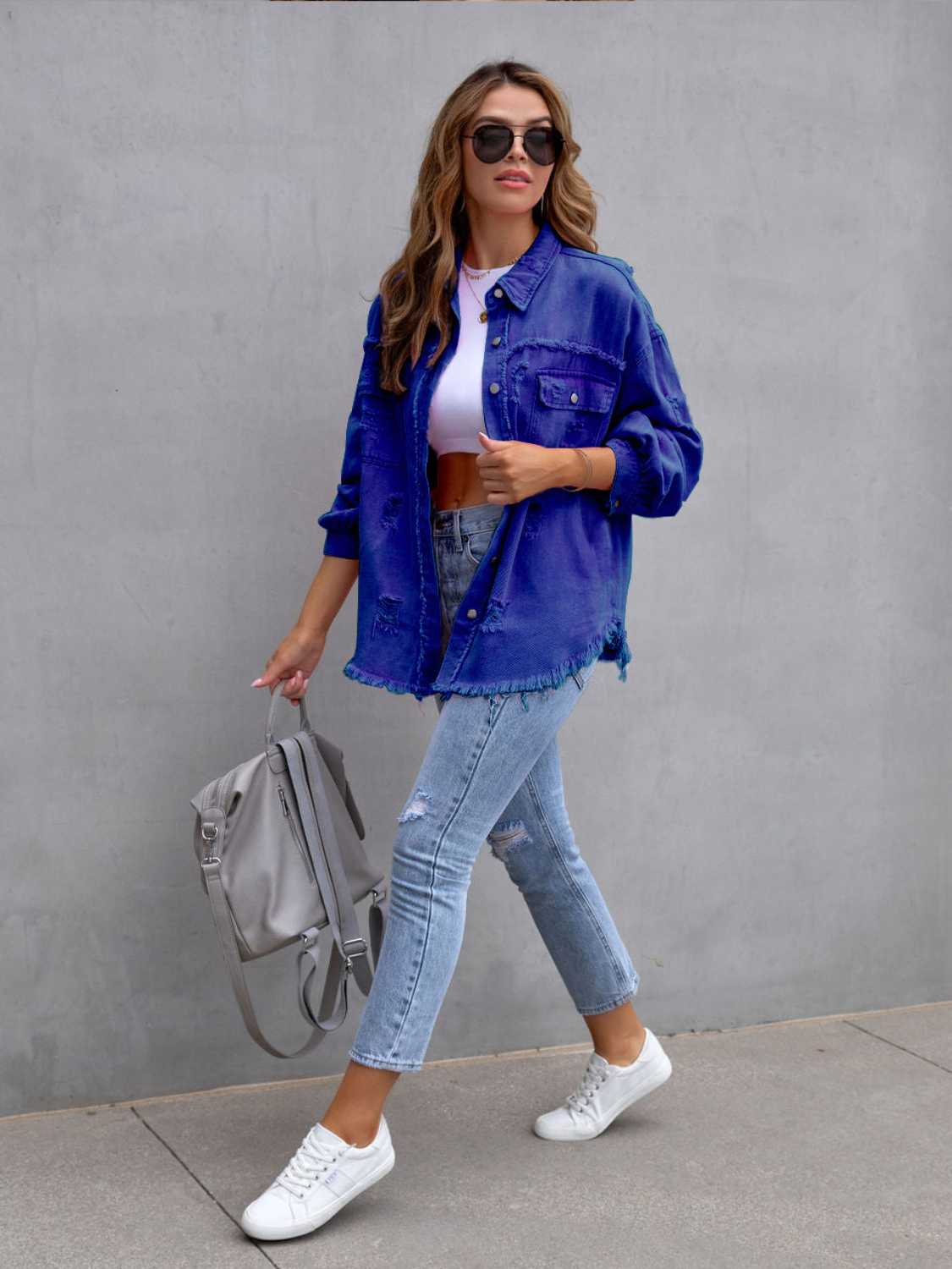 Distressed Drop Shoulder Denim Jacket BLUE ZONE PLANET