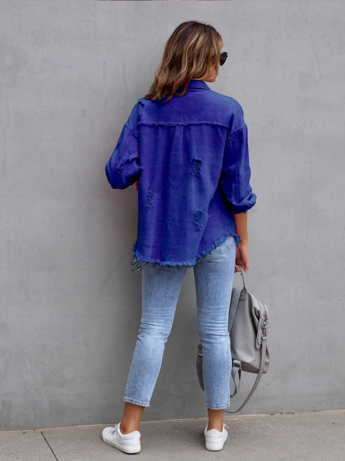 Distressed Drop Shoulder Denim Jacket BLUE ZONE PLANET