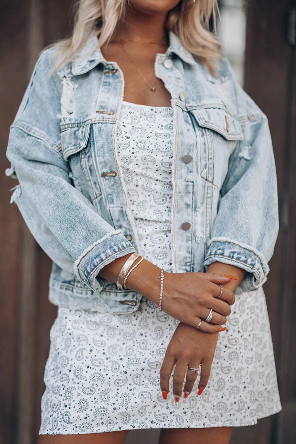 Distressed Drop Shoulder Denim Jacket BLUE ZONE PLANET