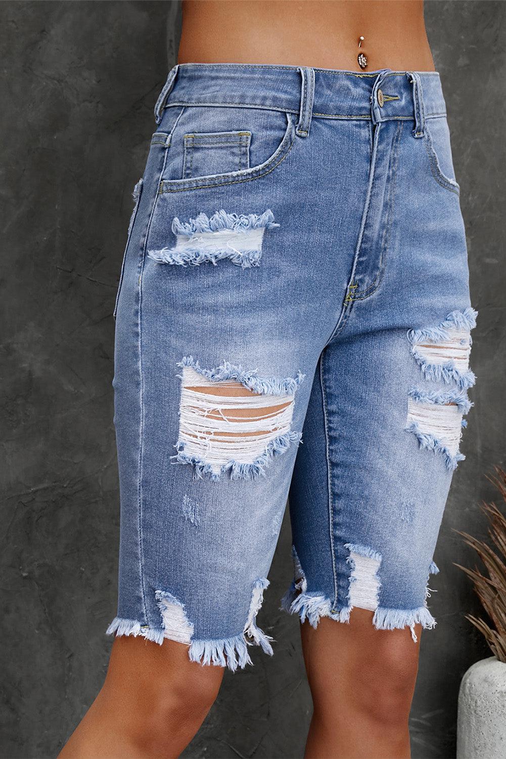 Distressed Frayed Hem Denim Bermuda Shorts BLUE ZONE PLANET