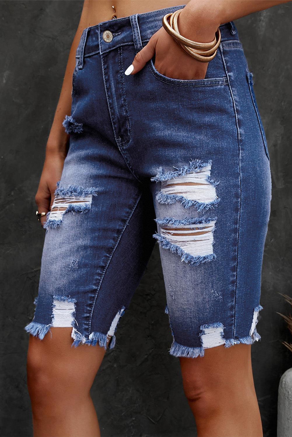 Distressed Frayed Hem Denim Bermuda Shorts BLUE ZONE PLANET