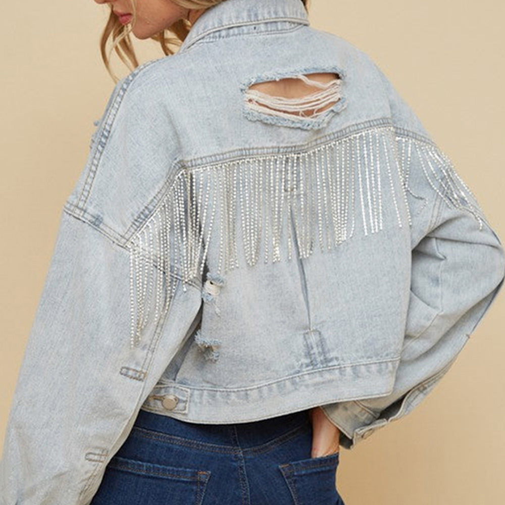 Distressed Fringe Trim Denim Jacket BLUE ZONE PLANET