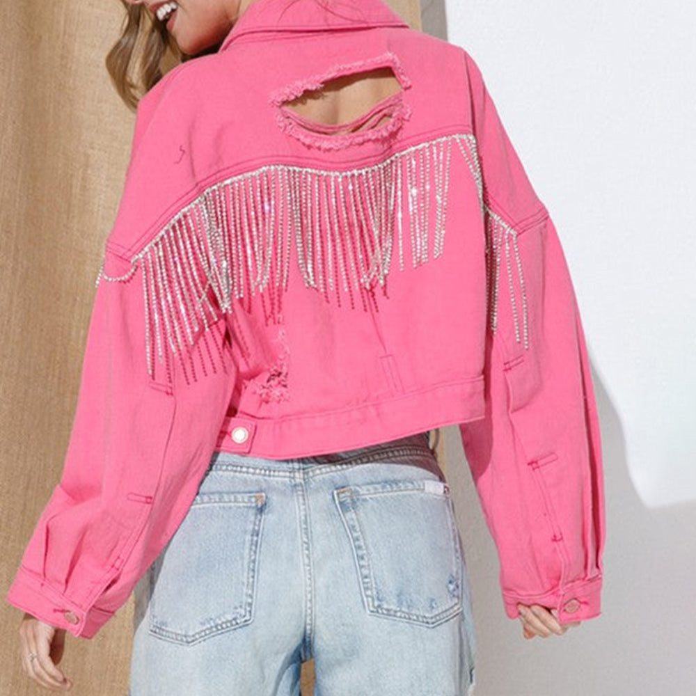 Distressed Fringe Trim Denim Jacket BLUE ZONE PLANET