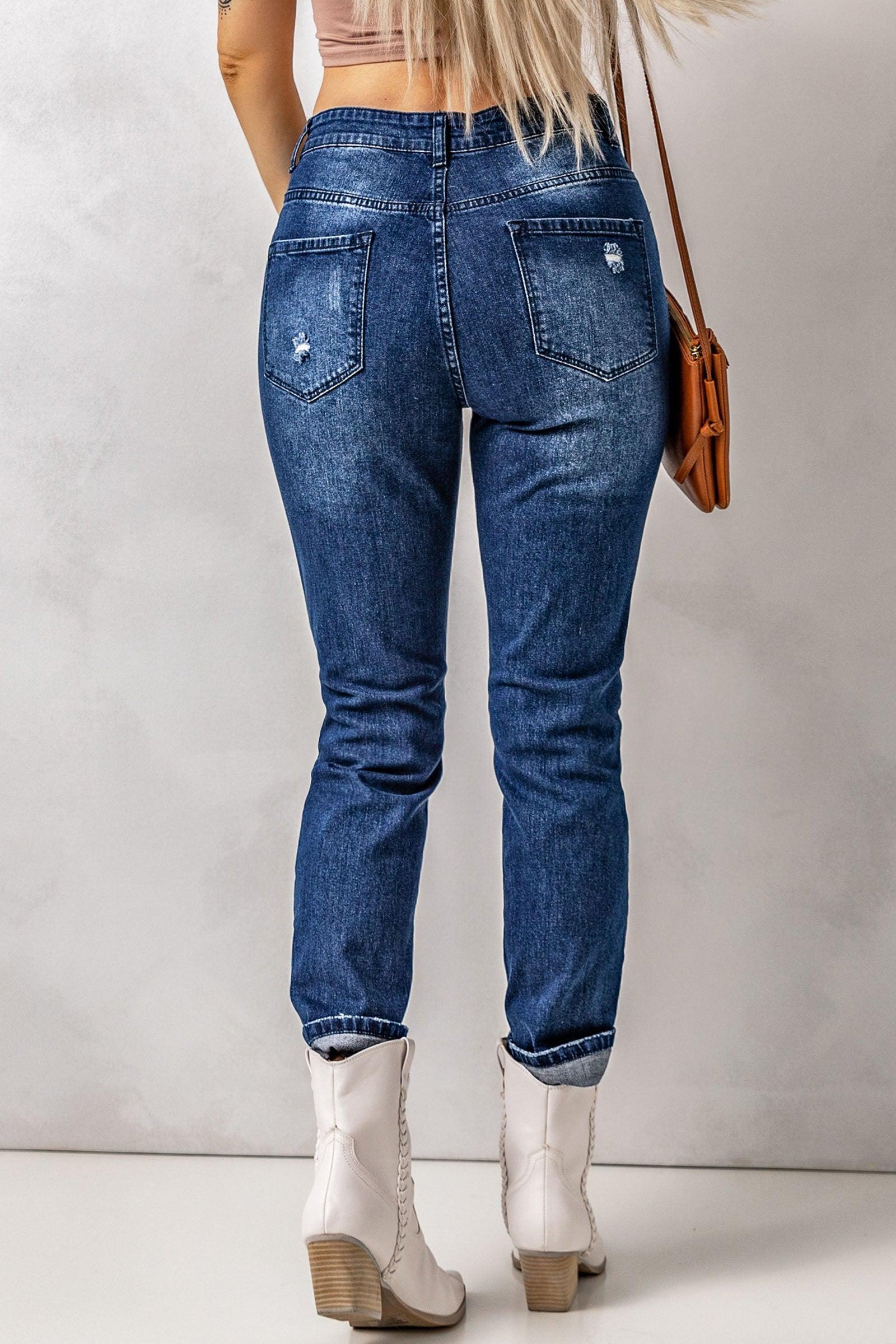 Distressed High Waist Jeans with Pockets BLUE ZONE PLANET