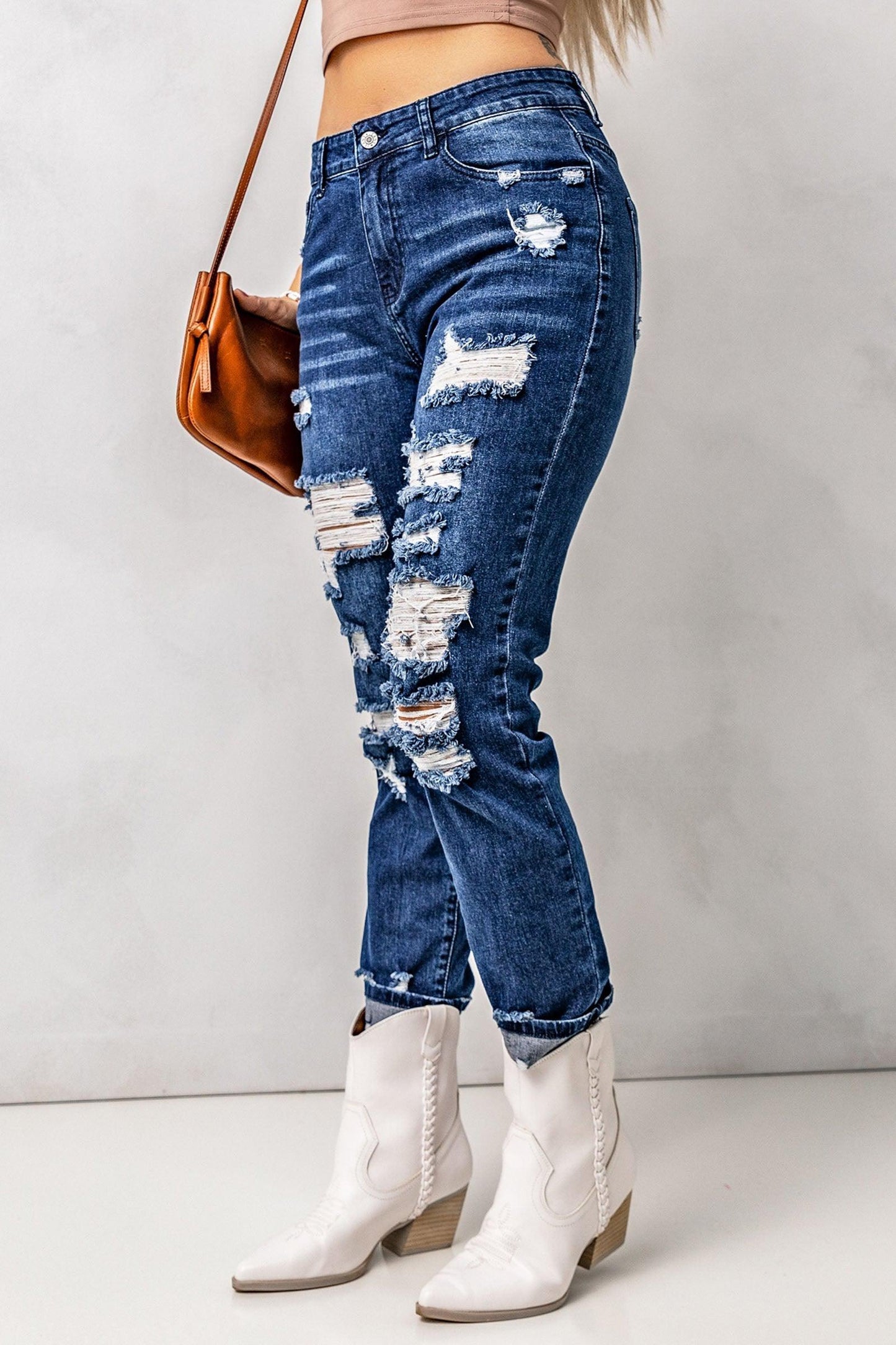 Distressed High Waist Jeans with Pockets BLUE ZONE PLANET