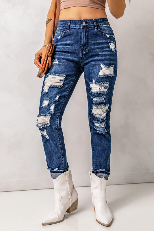 Distressed High Waist Jeans with Pockets BLUE ZONE PLANET