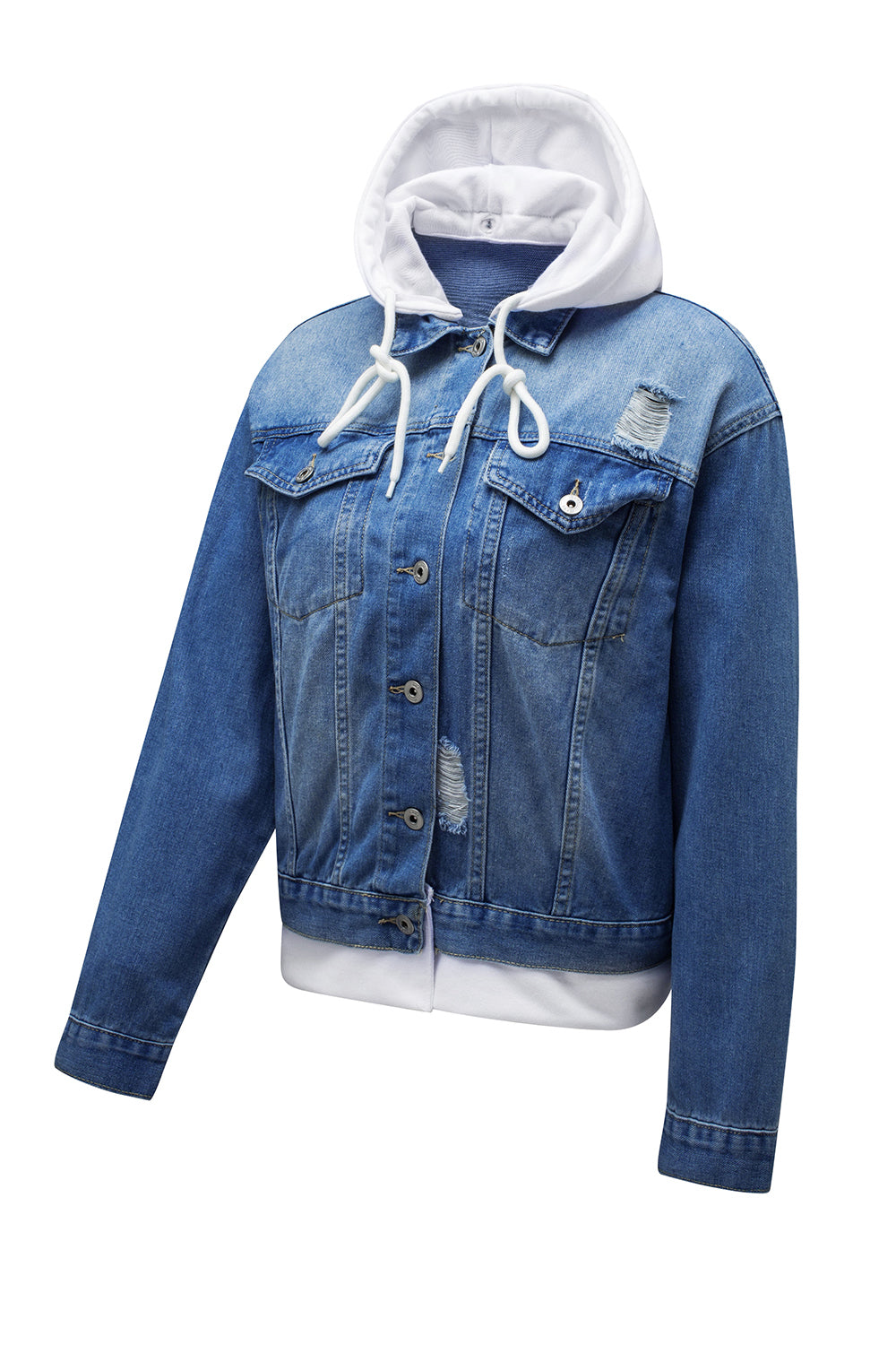 Distressed Hooded Denim Jacket BLUE ZONE PLANET