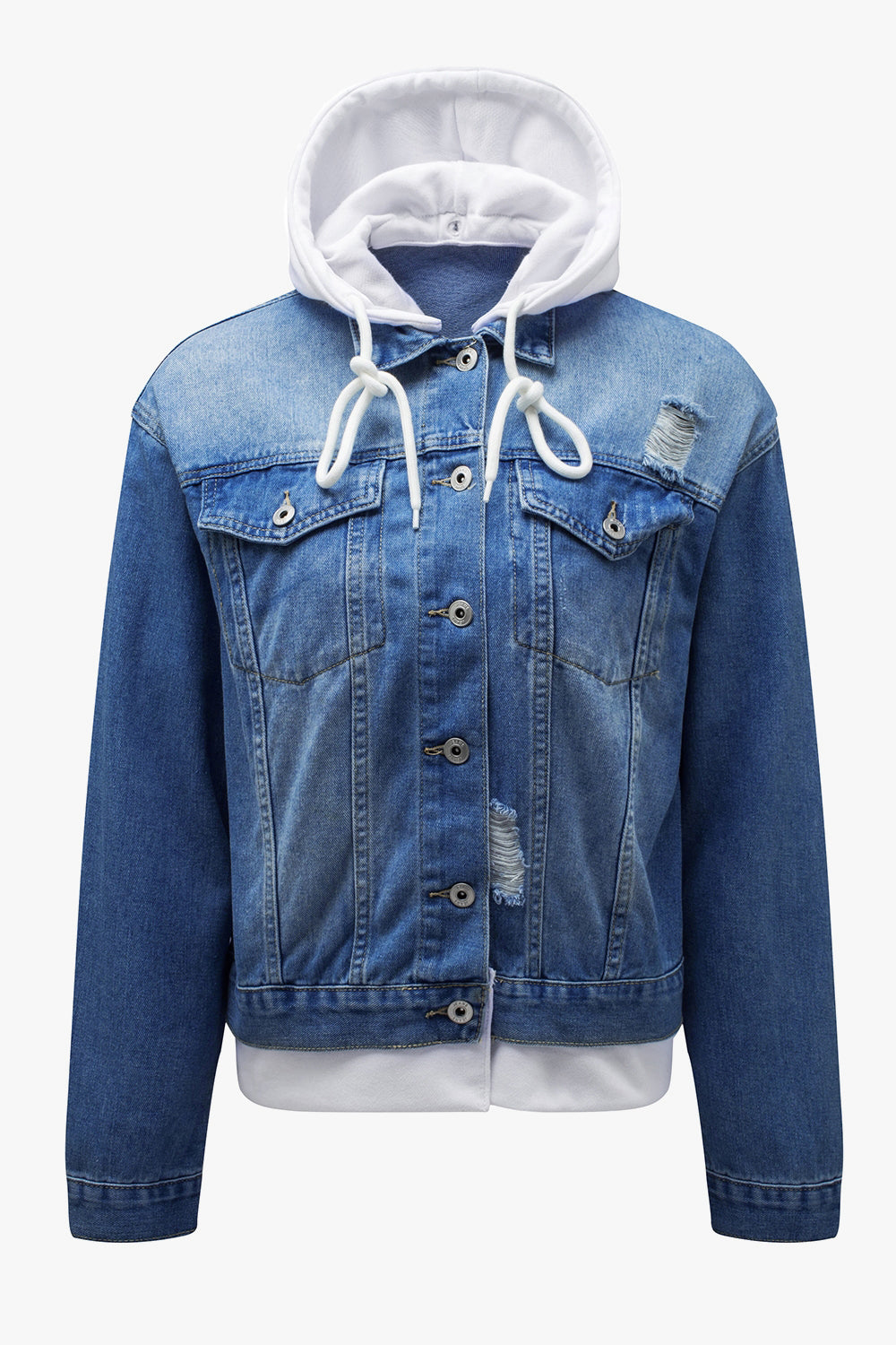 Distressed Hooded Denim Jacket BLUE ZONE PLANET