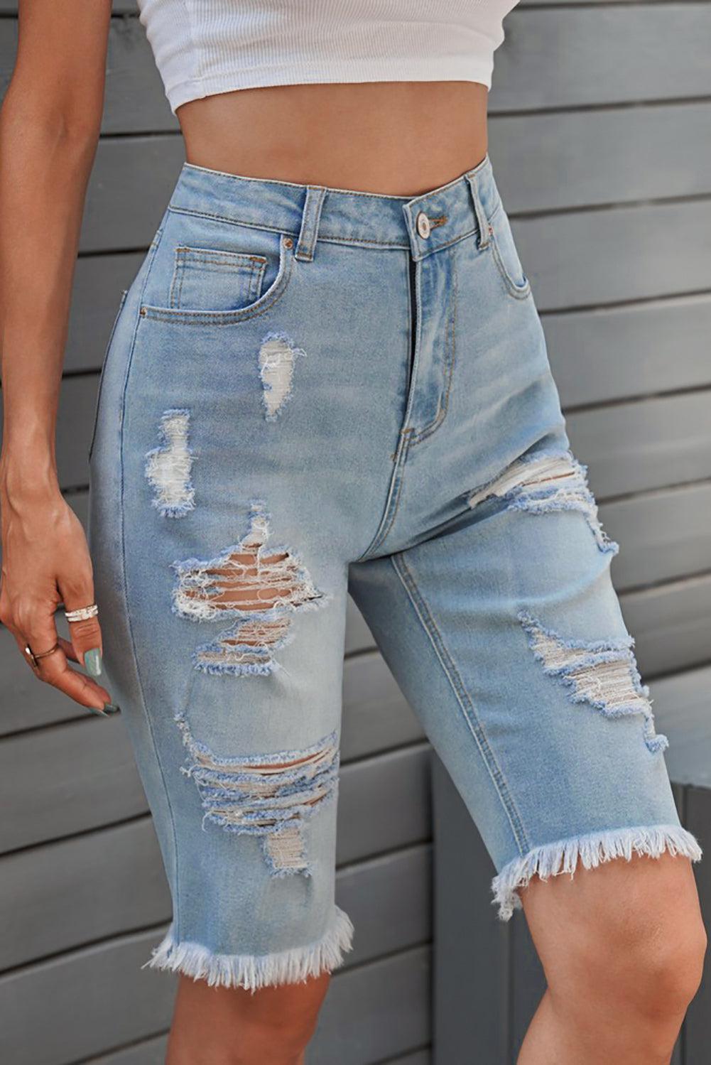 Distressed Raw Hem Denim Bermuda Shorts BLUE ZONE PLANET