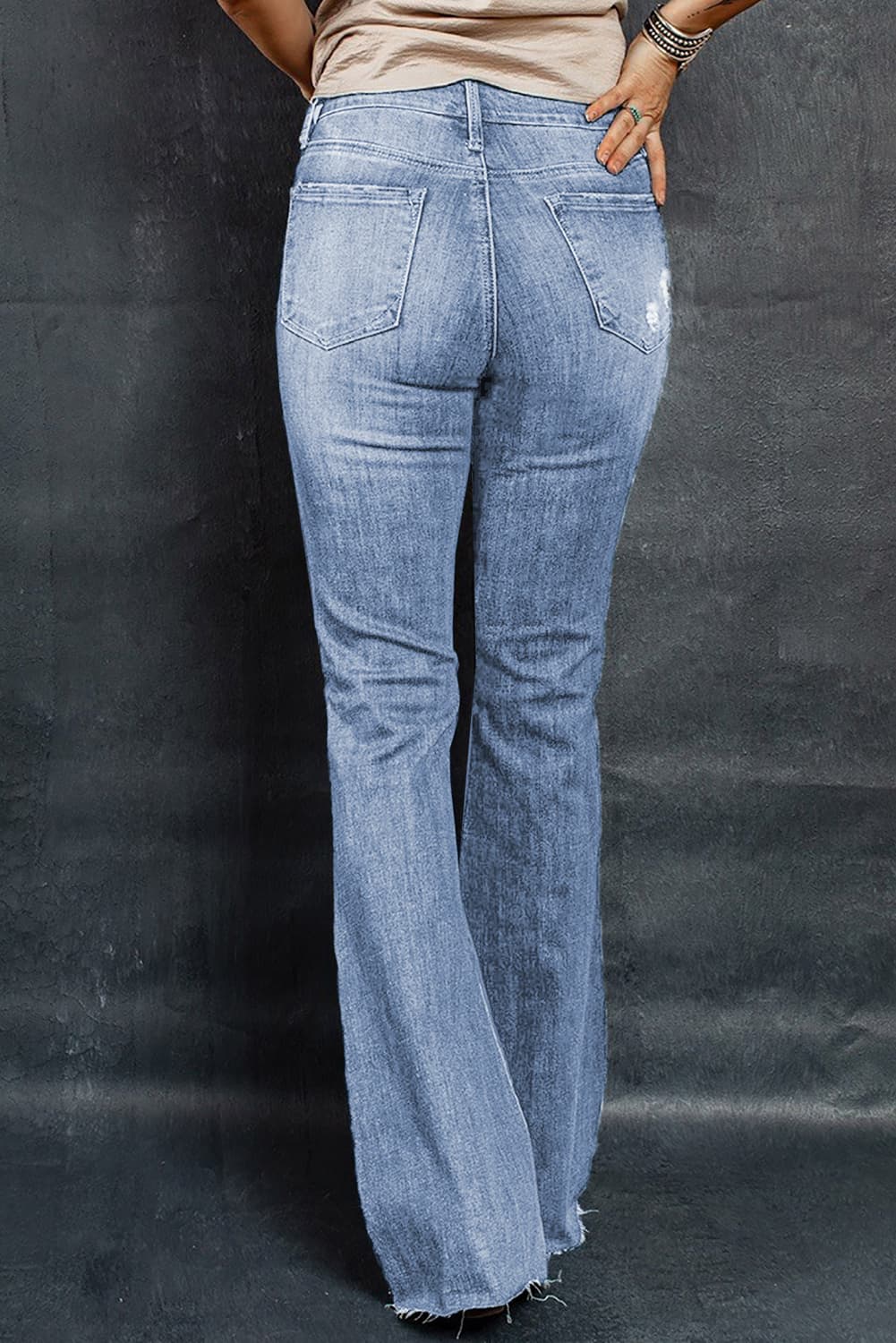 Distressed Raw Hem Flare Jeans BLUE ZONE PLANET