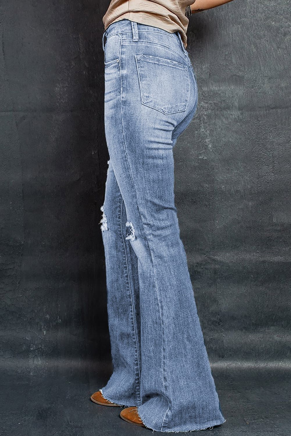 Distressed Raw Hem Flare Jeans BLUE ZONE PLANET