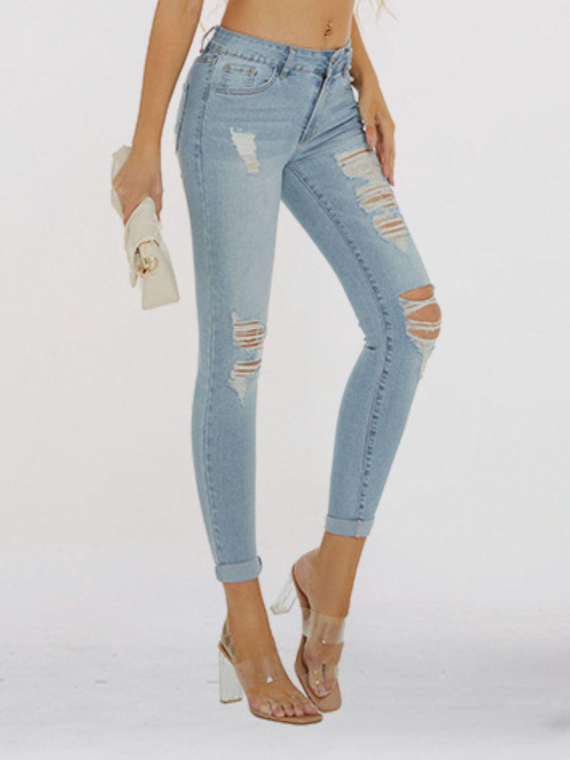 Distressed Skinny Cropped Jeans BLUE ZONE PLANET