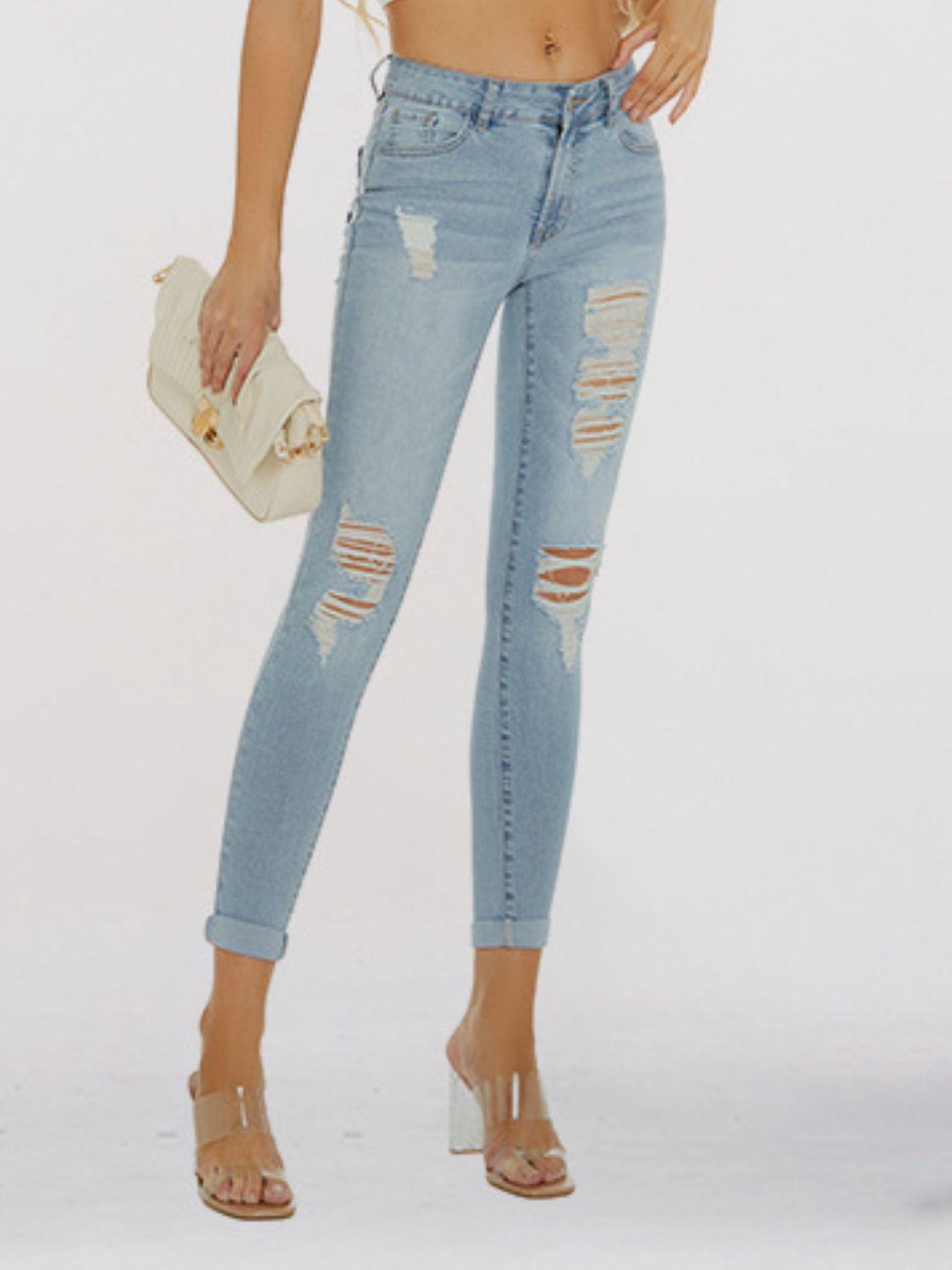 Distressed Skinny Cropped Jeans BLUE ZONE PLANET