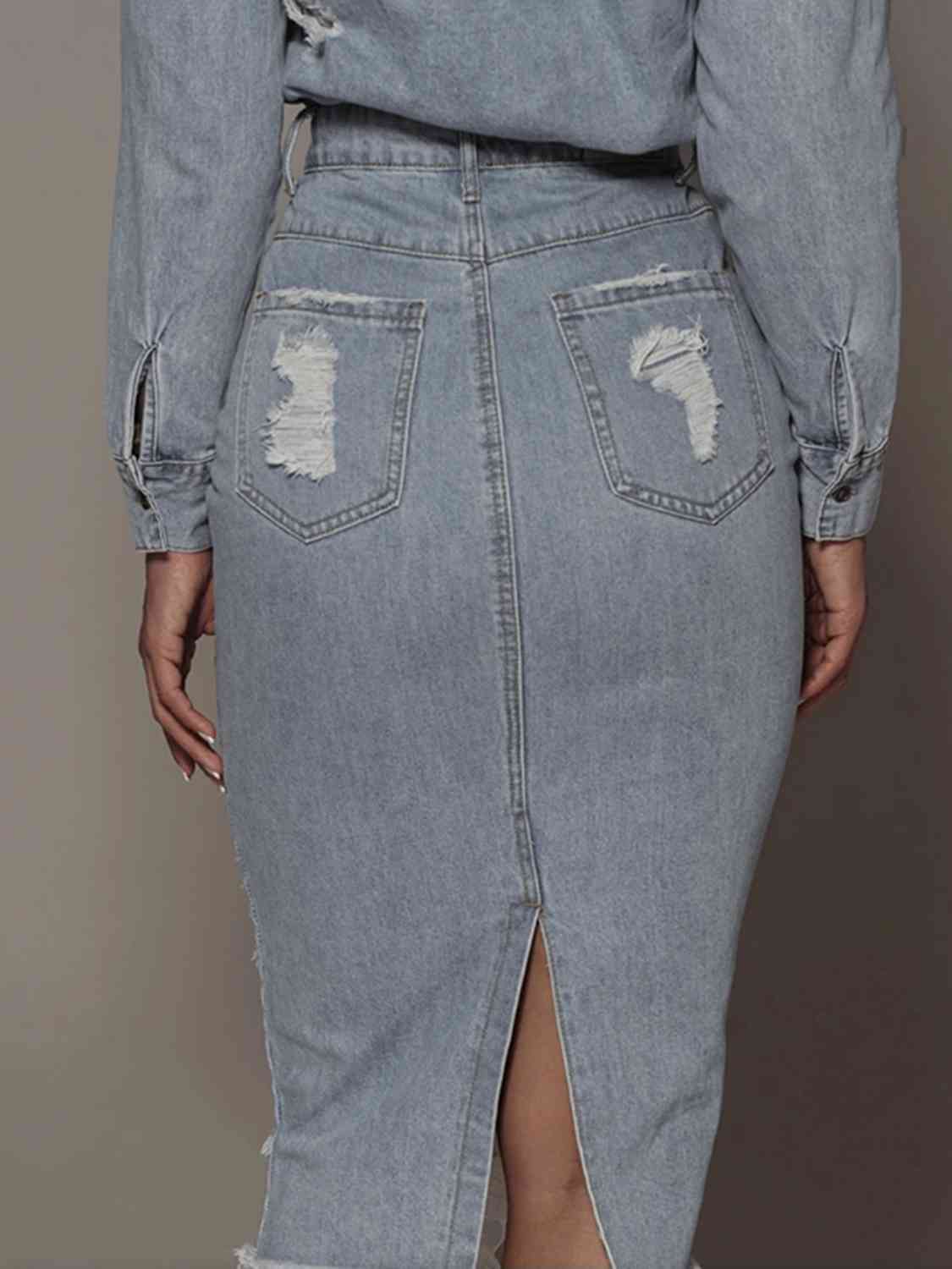 Distressed Slit Denim Skirt BLUE ZONE PLANET