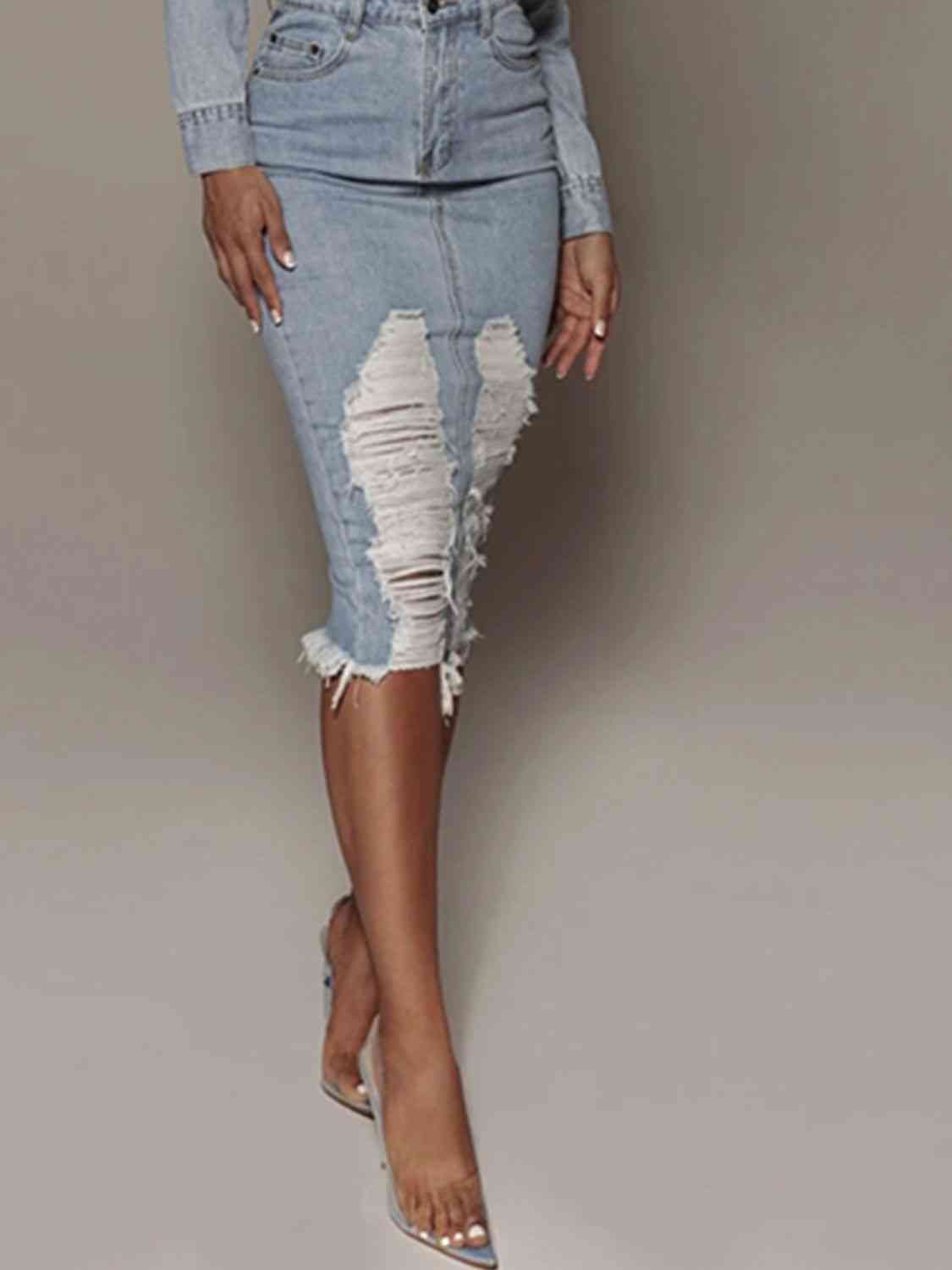 Distressed Slit Denim Skirt BLUE ZONE PLANET