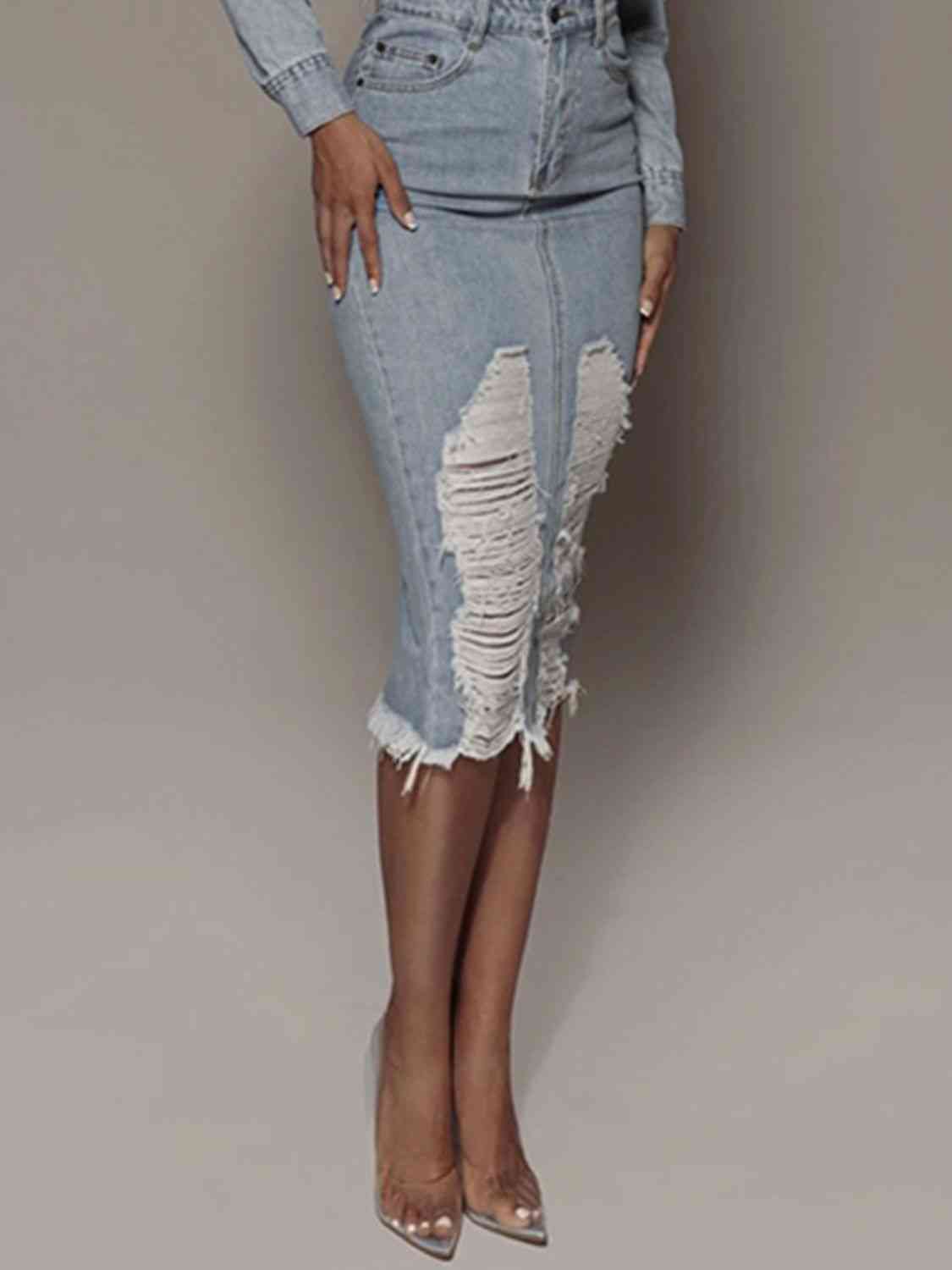 Distressed Slit Denim Skirt BLUE ZONE PLANET