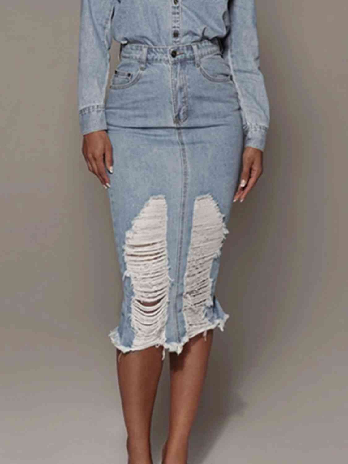 Distressed Slit Denim Skirt BLUE ZONE PLANET