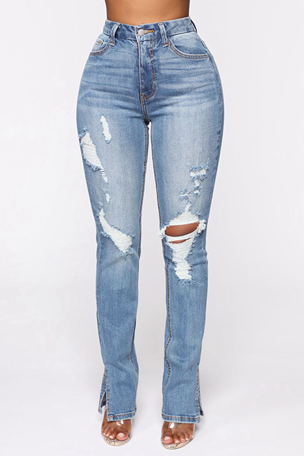 Distressed Slit Jeans BLUE ZONE PLANET