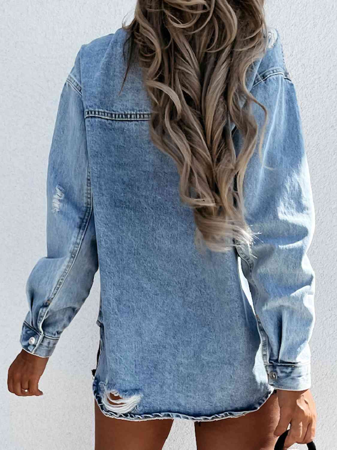 Distressed Snap Down Denim Jacket BLUE ZONE PLANET