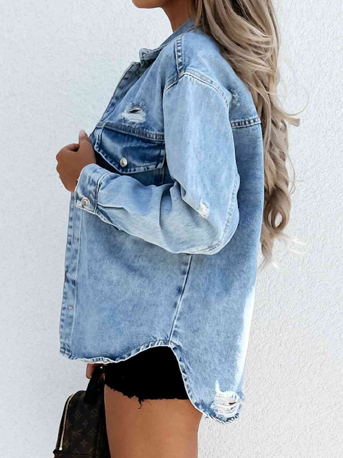 Distressed Snap Down Denim Jacket BLUE ZONE PLANET