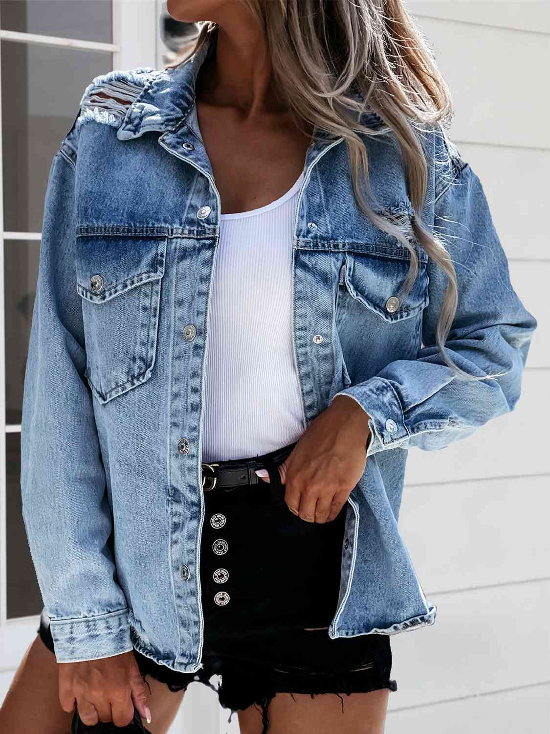 Distressed Snap Down Denim Jacket BLUE ZONE PLANET