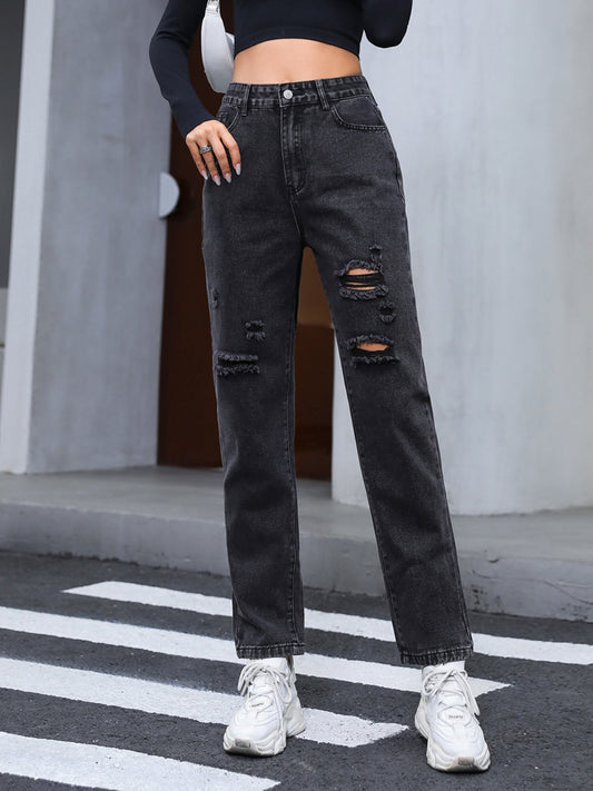 Distressed Straight Leg Jeans BLUE ZONE PLANET