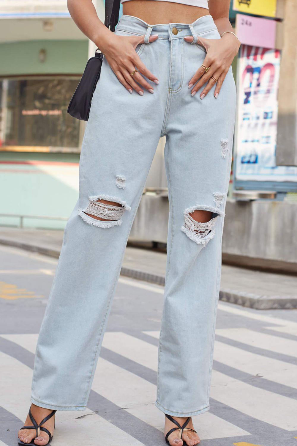 Distressed Straight Leg Jeans with Pockets BLUE ZONE PLANET