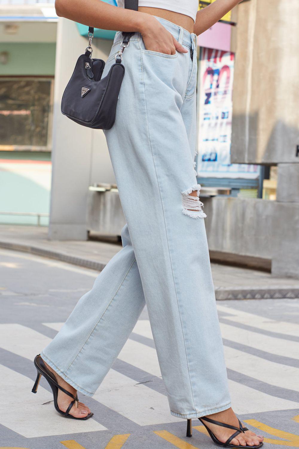 Distressed Straight Leg Jeans with Pockets BLUE ZONE PLANET