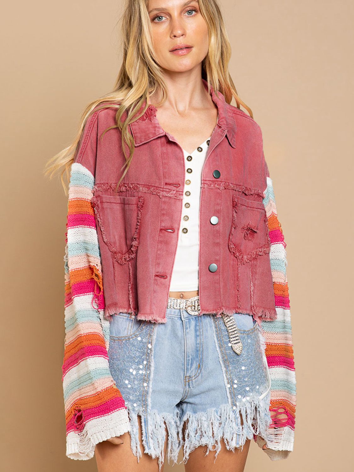 Distressed Striped Long Sleeve Denim Jacket BLUE ZONE PLANET