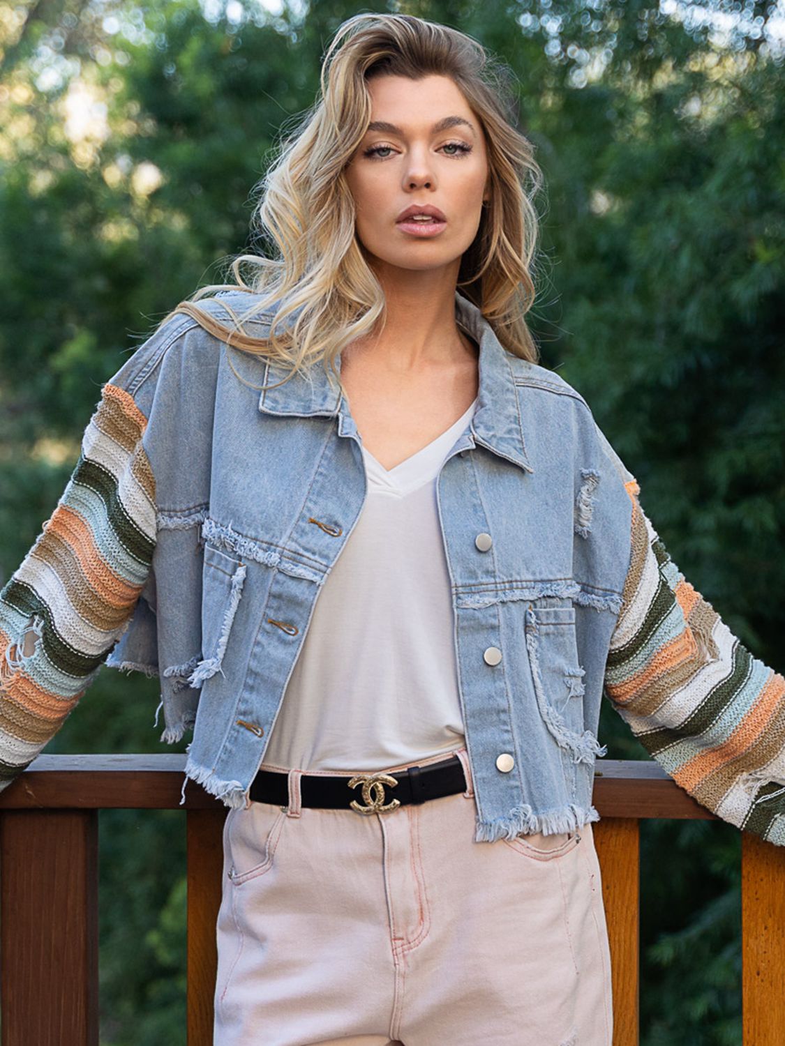 Distressed Striped Long Sleeve Denim Jacket BLUE ZONE PLANET