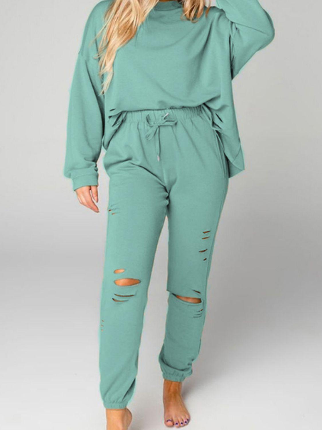 Distressed Sweatshirt and Joggers Set BLUE ZONE PLANET