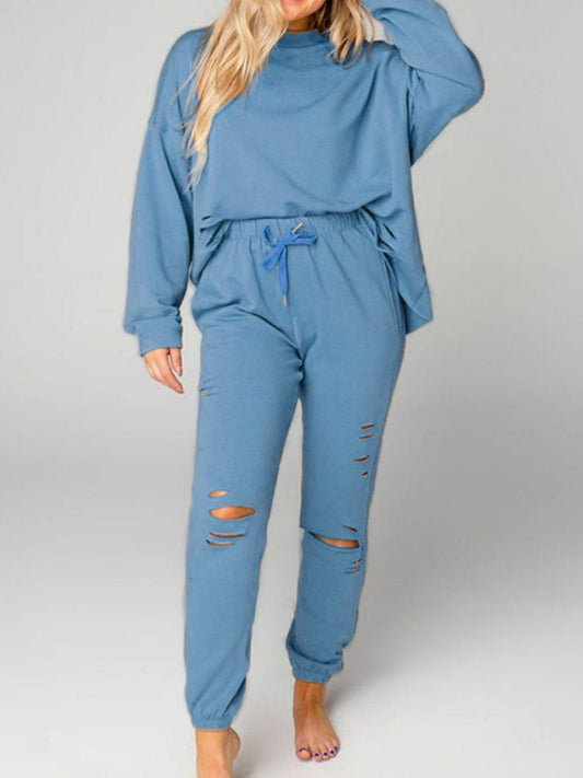 Distressed Sweatshirt and Joggers Set BLUE ZONE PLANET