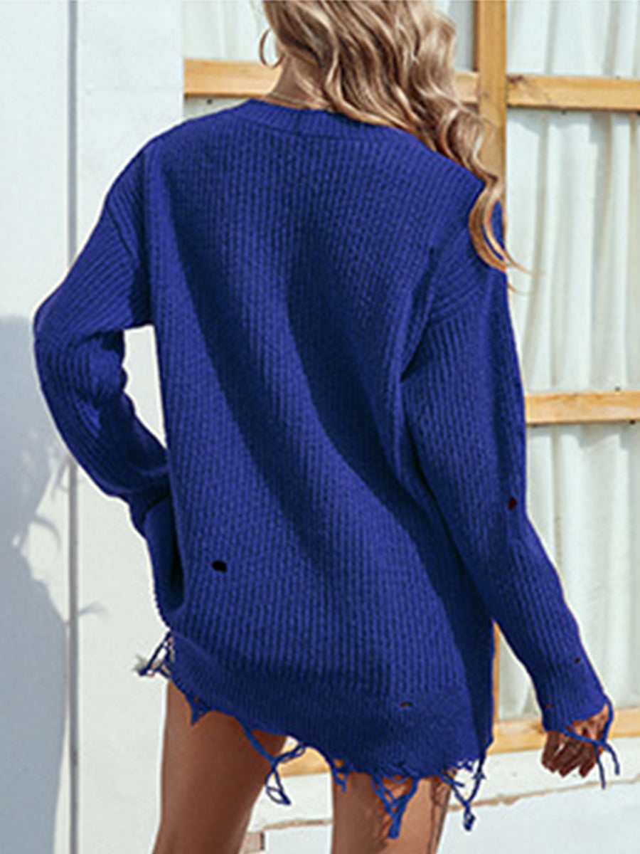 Distressed V-Neck Drop Shoulder Sweater BLUE ZONE PLANET
