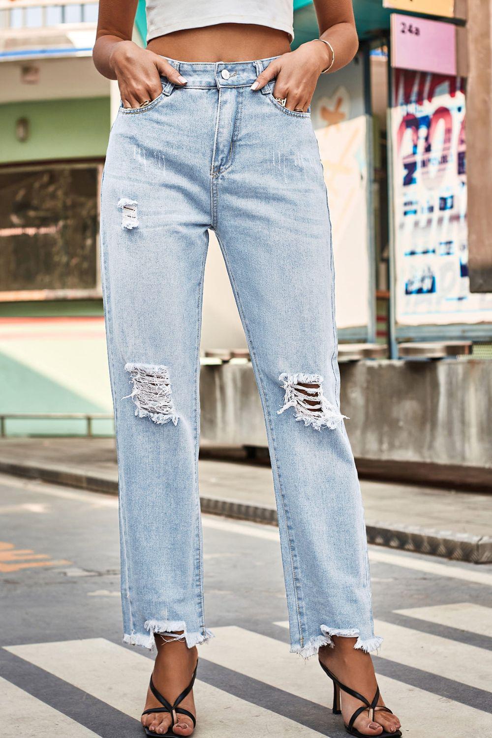 Distresssed Buttoned Loose Fit Jeans BLUE ZONE PLANET
