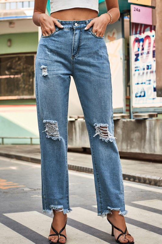 Distresssed Buttoned Loose Fit Jeans BLUE ZONE PLANET