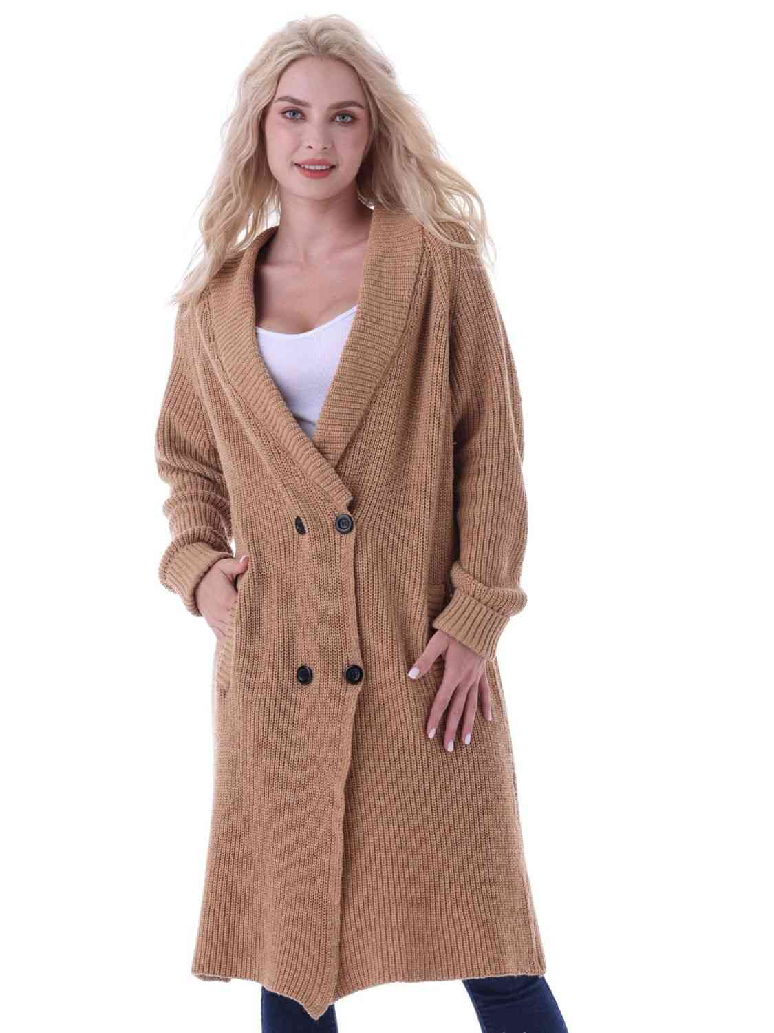 Double-Breasted Longline Cardigan with Pockets-TOPS / DRESSES-[Adult]-[Female]-2022 Online Blue Zone Planet