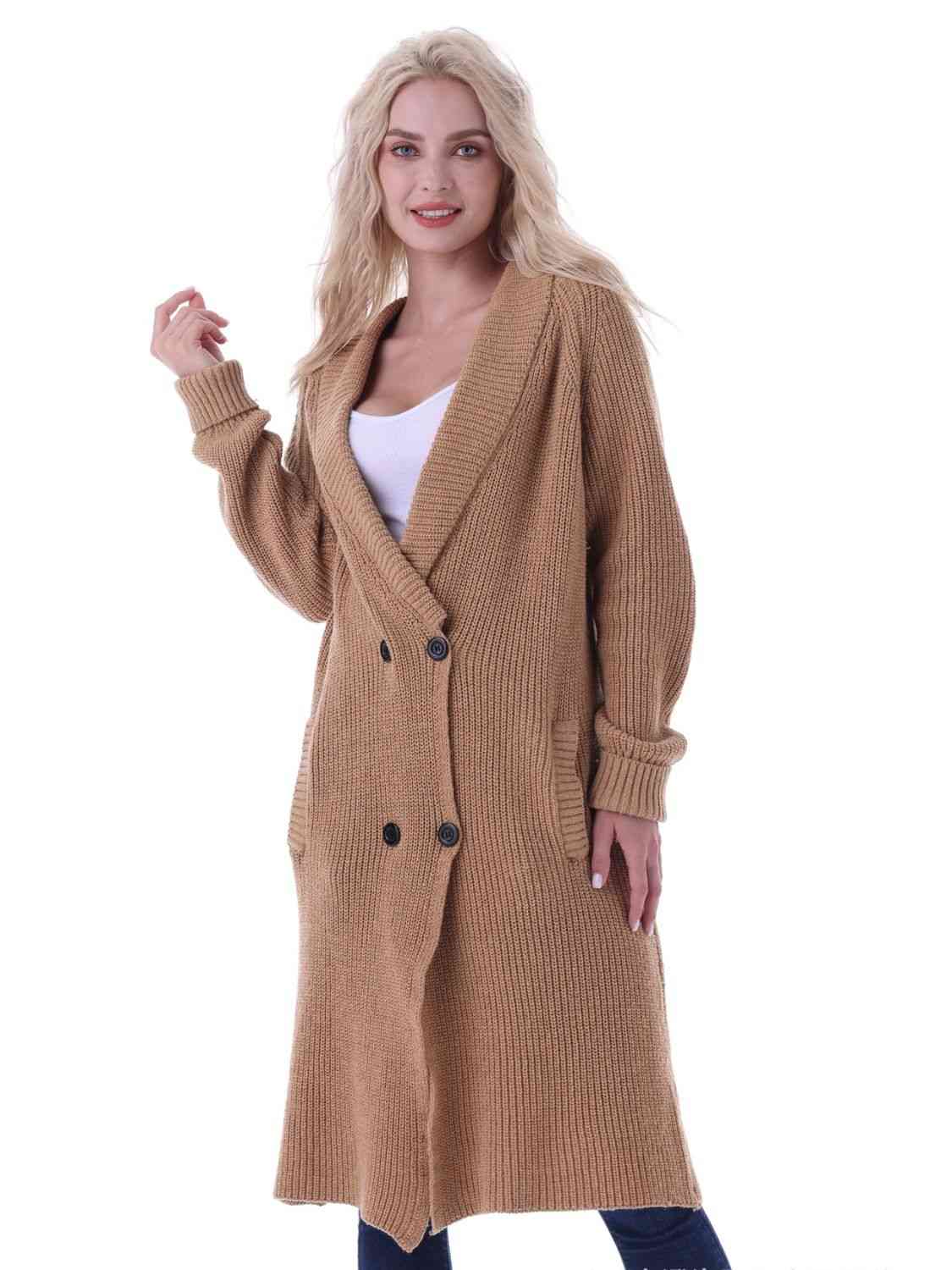 Double-Breasted Longline Cardigan with Pockets-TOPS / DRESSES-[Adult]-[Female]-2022 Online Blue Zone Planet