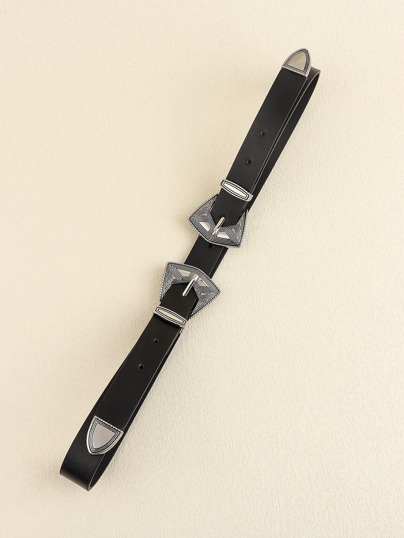 Double Buckle PU Leather Belt BLUE ZONE PLANET