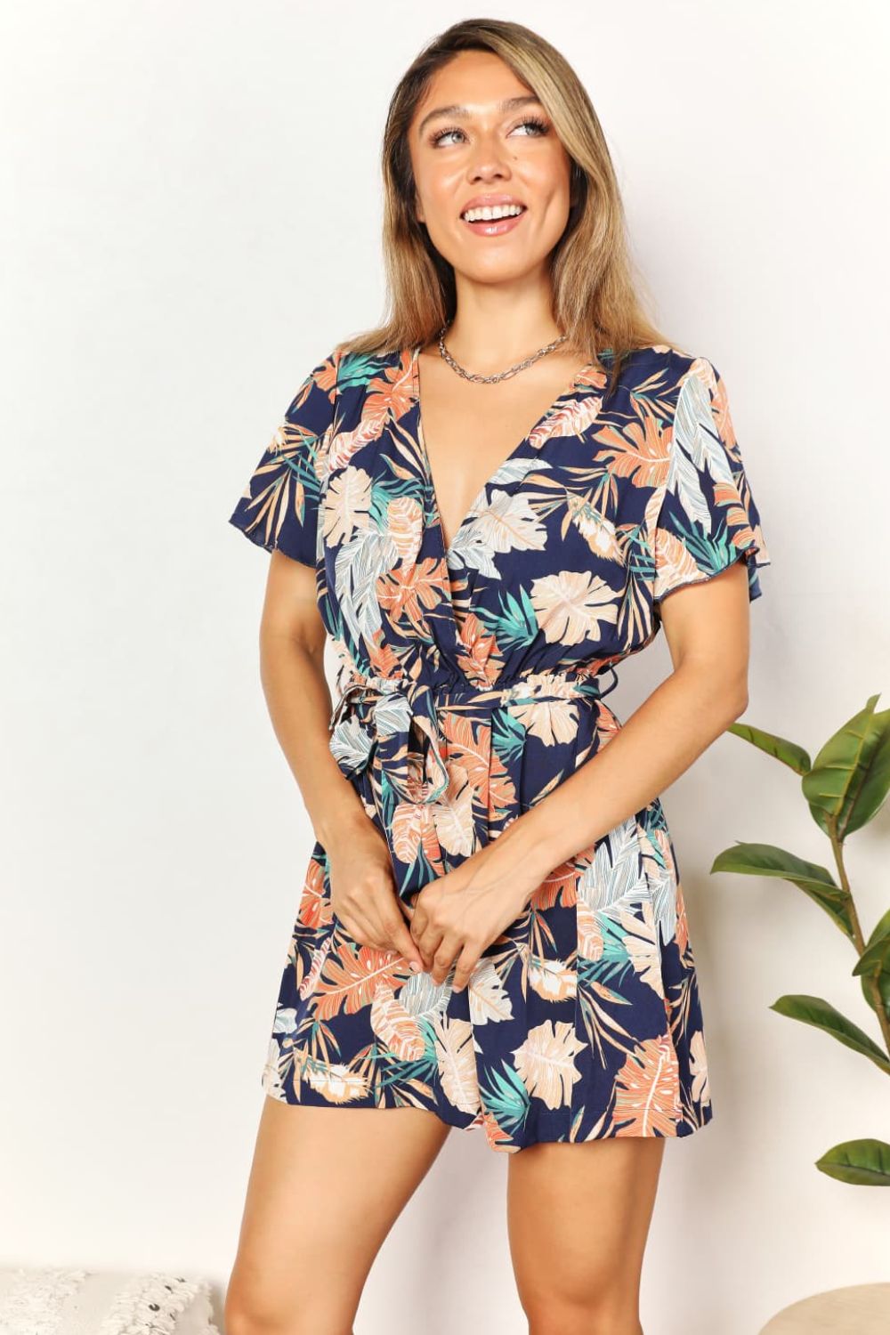 Double Take Botanical Print Surplice Neck Tie Waist Romper BLUE ZONE PLANET