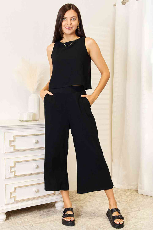 Double Take Buttoned Round Neck Tank and Wide Leg Pants Set BLUE ZONE PLANET