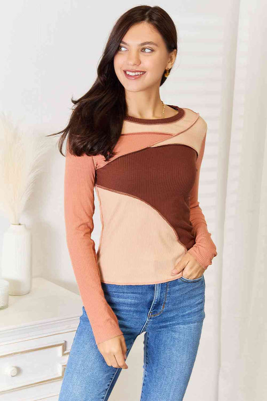 Double Take Color Block Exposed Seam Long Sleeve Top BLUE ZONE PLANET