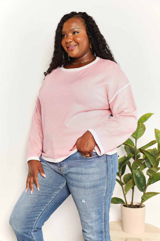 Double Take Contrast Detail Dropped Shoulder Knit Top BLUE ZONE PLANET
