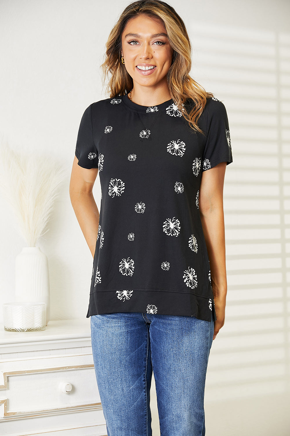 Double Take Dandelion Print Round Neck T-Shirt BLUE ZONE PLANET